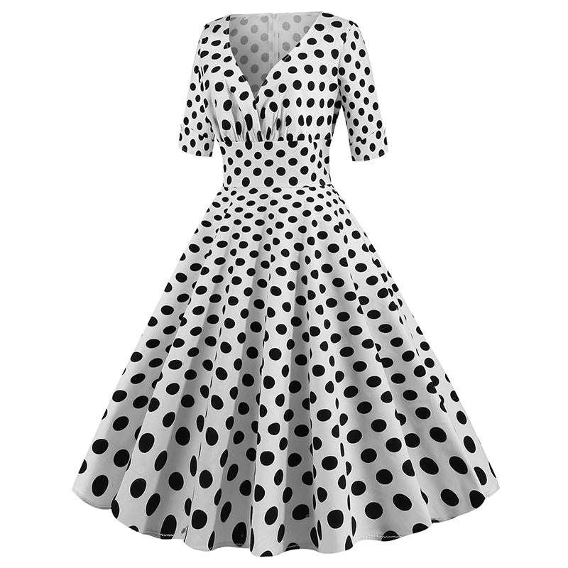 Women Vintage 50s 60s Polka Dot Swing A-line Evening Party Cocktail Dresses White