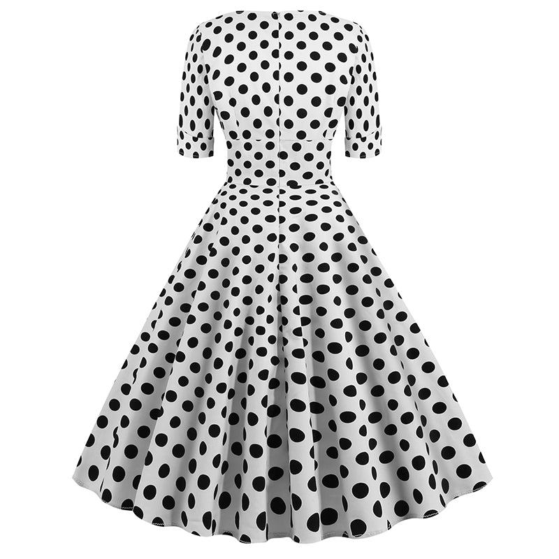 Women Vintage 50s 60s Polka Dot Swing A-line Evening Party Cocktail Dresses White