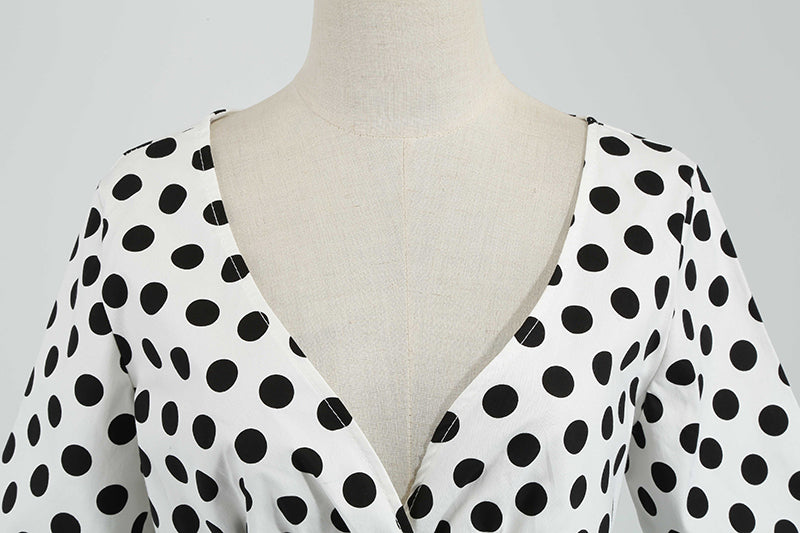 Women Vintage 50s 60s Polka Dot Swing A-line Evening Party Cocktail Dresses White