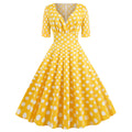 Women Vintage 50s 60s Polka Dot Swing A-line Evening Party Cocktail Dresses Yellow