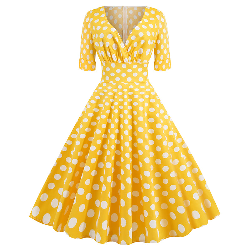 Women Vintage 50s 60s Polka Dot Swing A-line Evening Party Cocktail Dresses Yellow