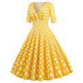 Women Vintage 50s 60s Polka Dot Swing A-line Evening Party Cocktail Dresses Yellow