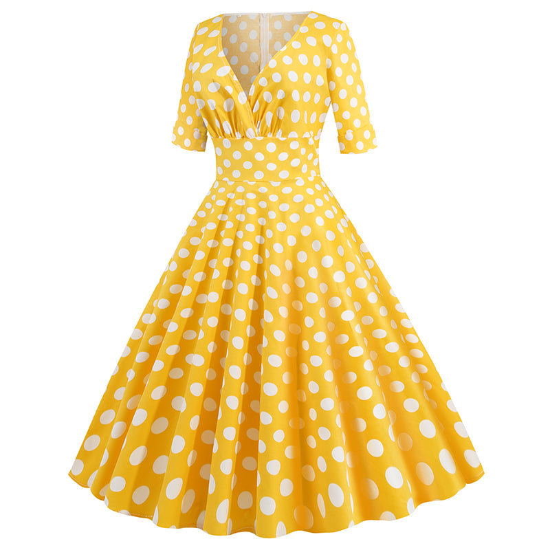 Women Vintage 50s 60s Polka Dot Swing A-line Evening Party Cocktail Dresses Yellow