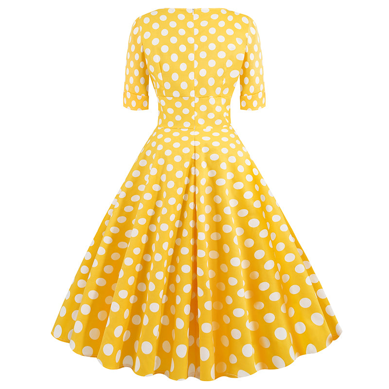Women Vintage 50s 60s Polka Dot Swing A-line Evening Party Cocktail Dresses Yellow