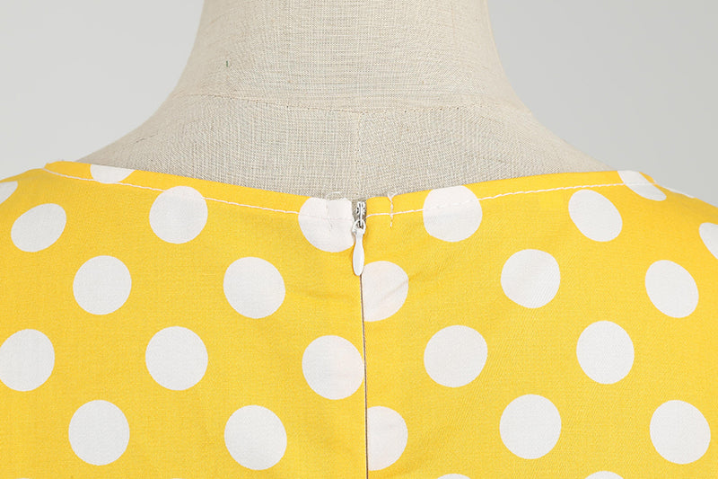 Women Vintage 50s 60s Polka Dot Swing A-line Evening Party Cocktail Dresses Yellow