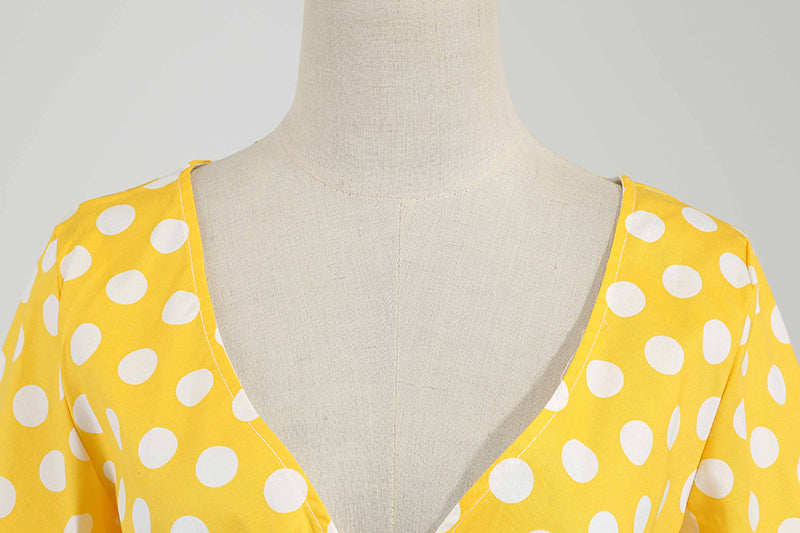 Women Vintage 50s 60s Polka Dot Swing A-line Evening Party Cocktail Dresses Yellow