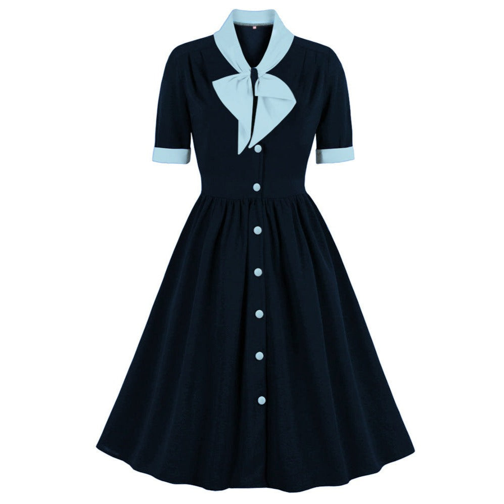 Women Vintage Buttons Down 50s A-Line Casual Prom Swing Dress Blue