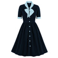 Women Vintage Buttons Down 50s A-Line Casual Prom Swing Dress Blue