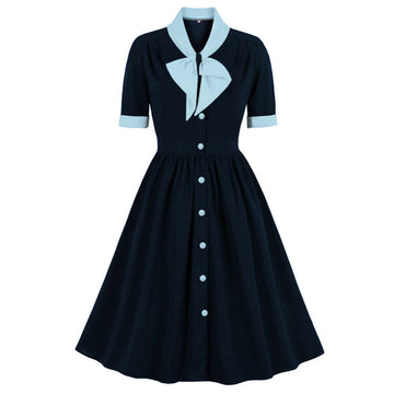 Women Vintage Buttons Down 50s A-Line Casual Prom Swing Dress Blue