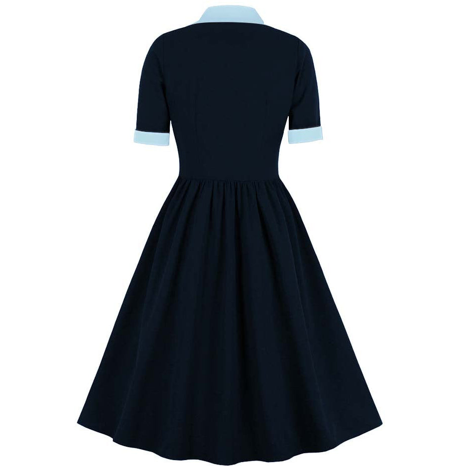 Women Vintage Buttons Down 50s A-Line Casual Prom Swing Dress Blue