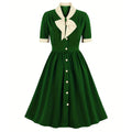 Women Vintage Buttons Down 50s A-Line Casual Prom Swing Dress Green