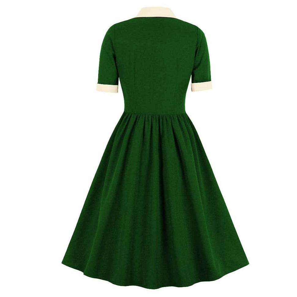 Women Vintage Buttons Down 50s A-Line Casual Prom Swing Dress Green