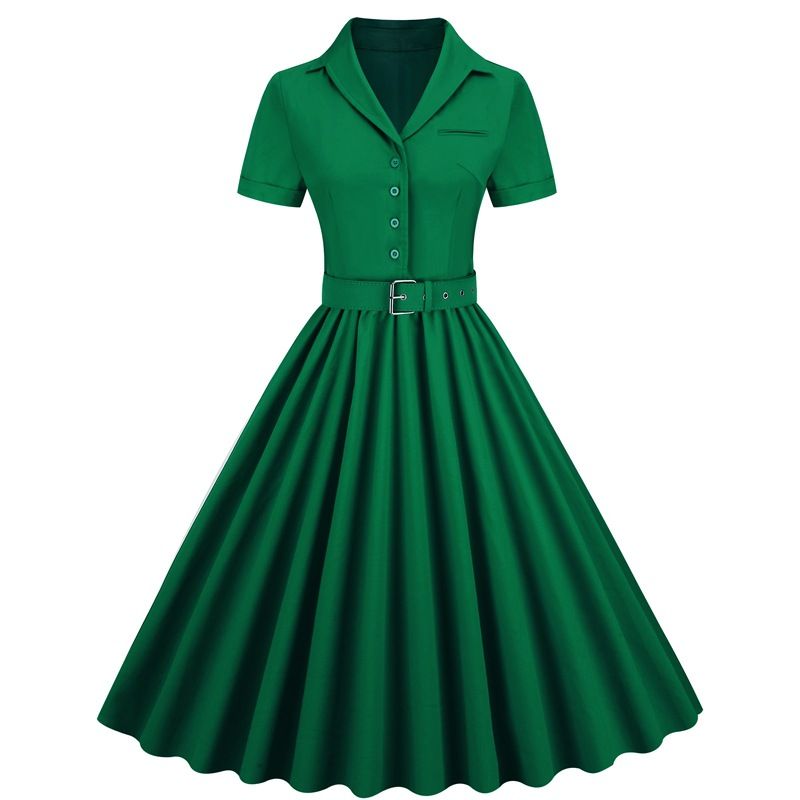 Women Vintage Cocktail Swing 60s Button up Prom Dress with Belt Green