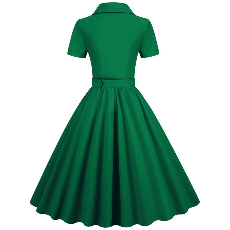 Women Vintage Cocktail Swing 60s Button up Prom Dress with Belt Green
