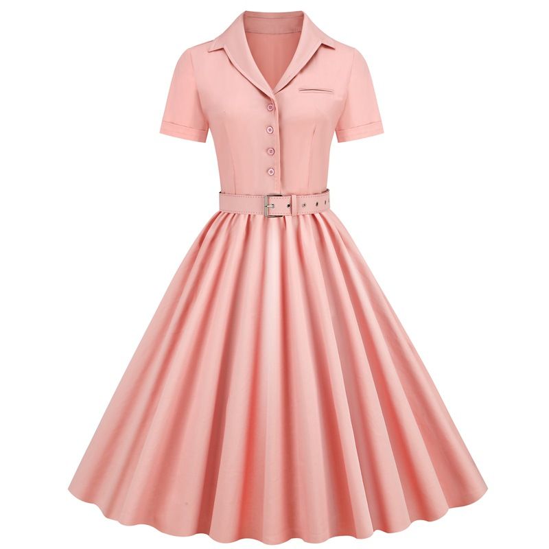 Women Vintage Cocktail Swing 60s Button up Prom Dress with Belt Pink