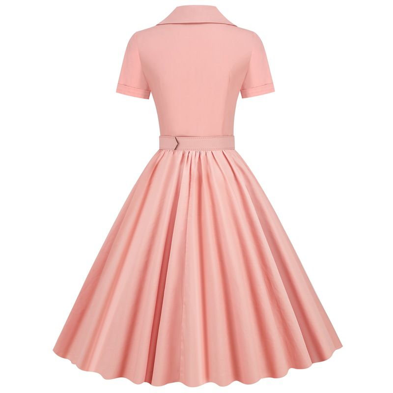 Women Vintage Cocktail Swing 60s Button up Prom Dress with Belt Pink