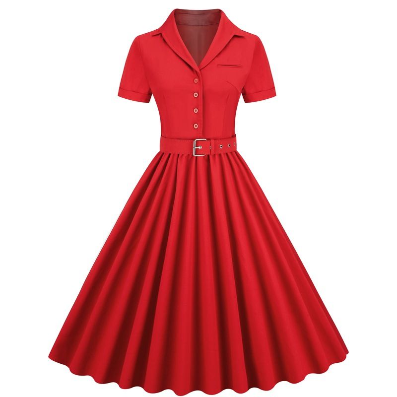 Women Vintage Cocktail Swing 60s Button up Prom Dress with Belt Red
