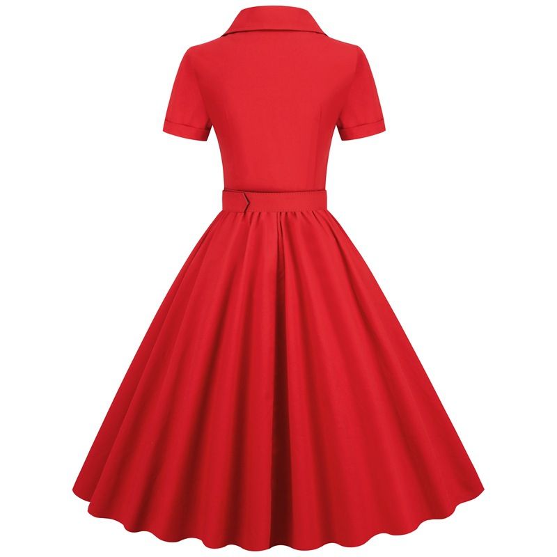 Women Vintage Cocktail Swing 60s Button up Prom Dress with Belt Red