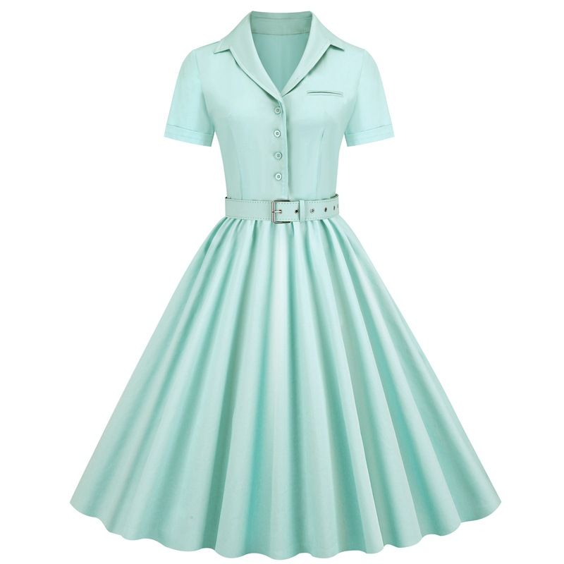 Women Vintage Cocktail Swing 60s Button up Prom Dress with Belt Sky