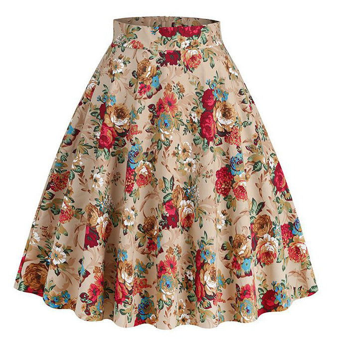 Women Vintage Floral Print A Line Midi Skirt 1950s Circle Skirts Beige
