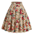Women Vintage Floral Print A Line Midi Skirt 1950s Circle Skirts Beige