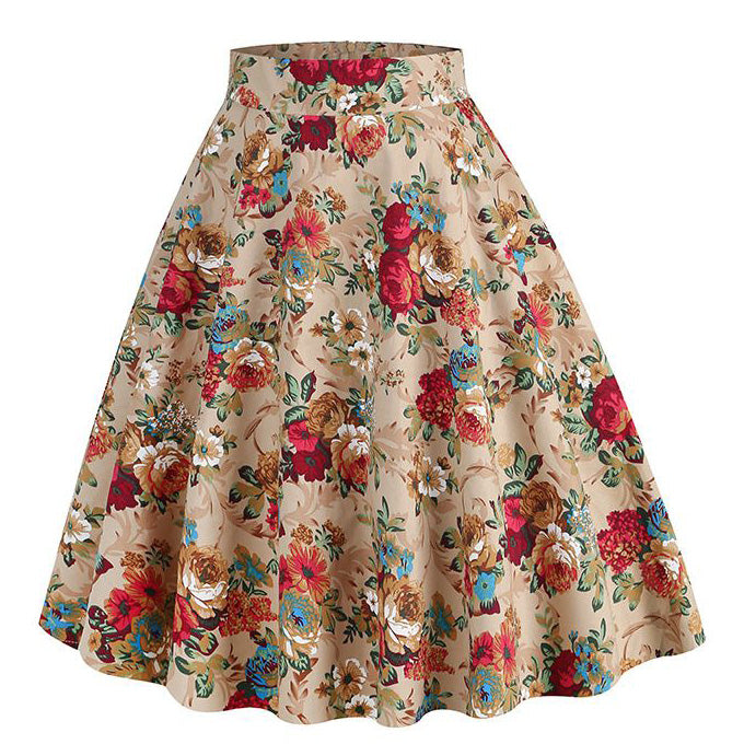 Women Vintage Floral Print A Line Midi Skirt 1950s Circle Skirts Beige