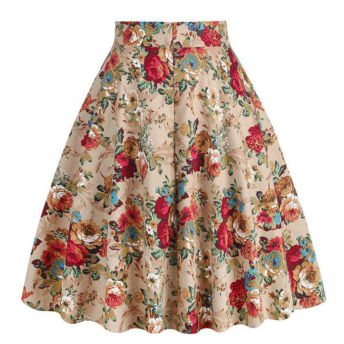 Women Vintage Floral Print A Line Midi Skirt 1950s Circle Skirts Beige