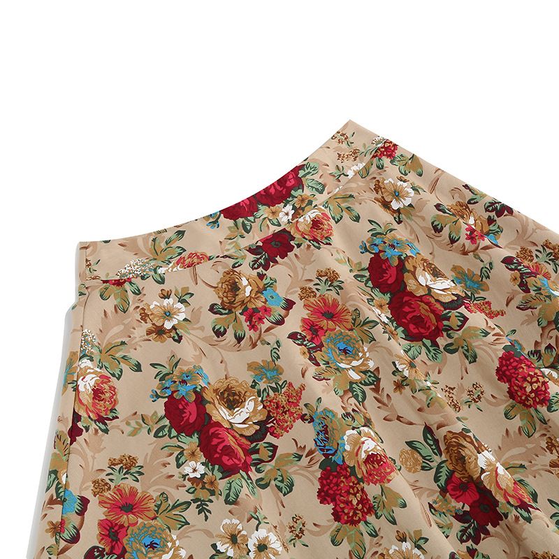 Women Vintage Floral Print A Line Midi Skirt 1950s Circle Skirts Beige