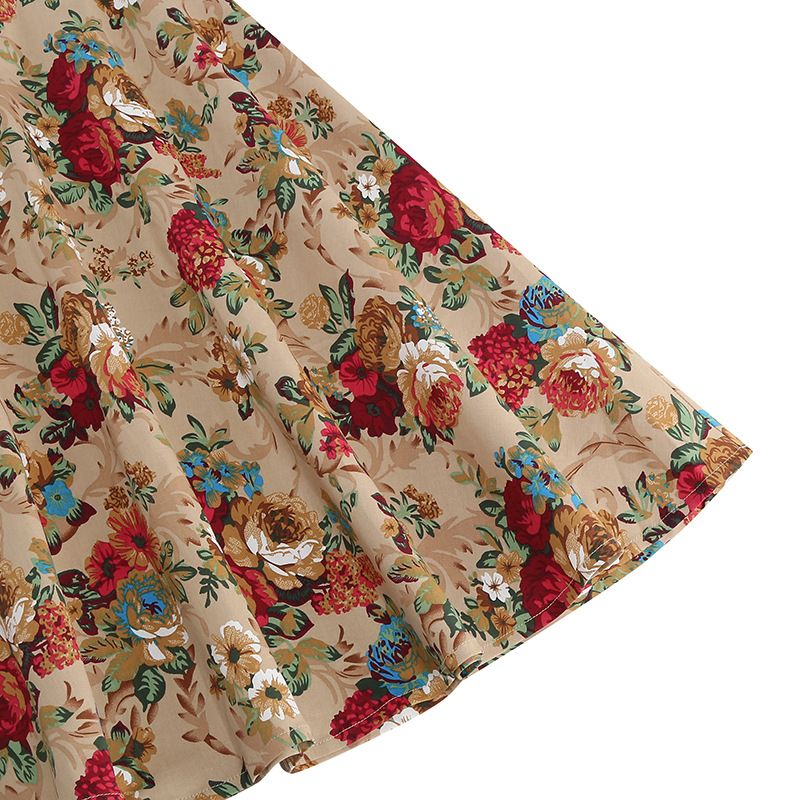 Women Vintage Floral Print A Line Midi Skirt 1950s Circle Skirts Beige
