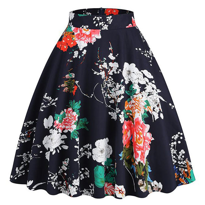 Women Vintage Floral Print A Line Midi Skirt 1950s Circle Skirts Black