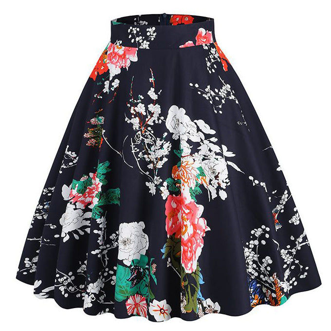 Women Vintage Floral Print A Line Midi Skirt 1950s Circle Skirts Black