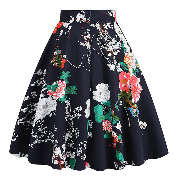 Women Vintage Floral Print A Line Midi Skirt 1950s Circle Skirts Black