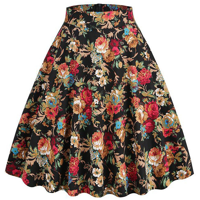 Women Vintage Floral Print A Line Midi Skirt 1950s Circle Skirts Orange