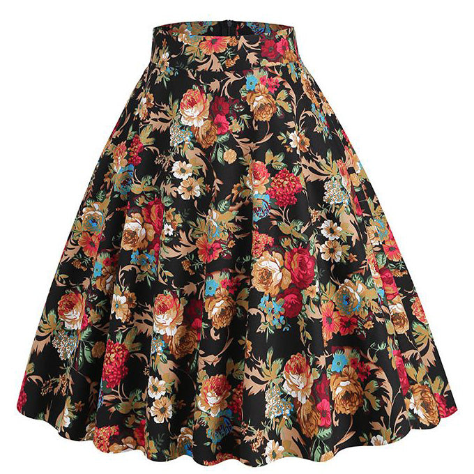 Women Vintage Floral Print A Line Midi Skirt 1950s Circle Skirts Orange