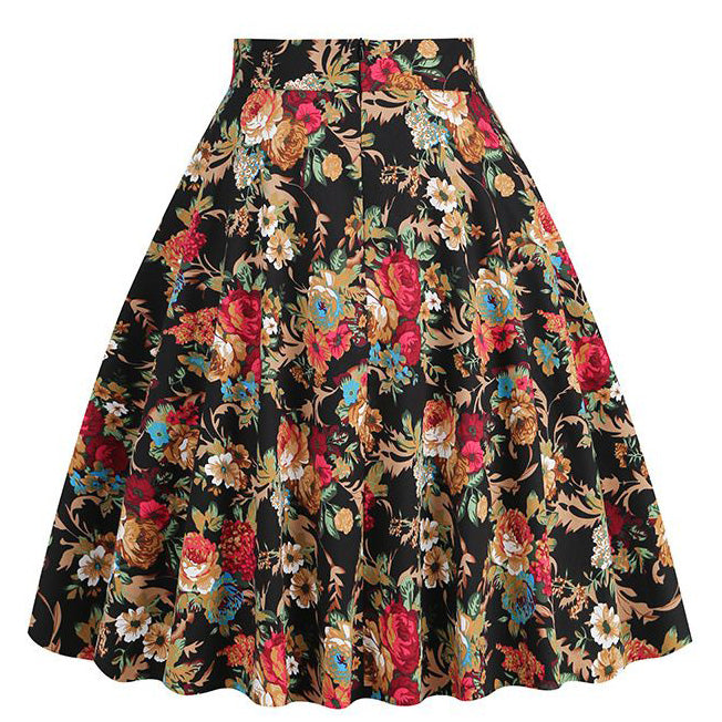 Women Vintage Floral Print A Line Midi Skirt 1950s Circle Skirts Orange