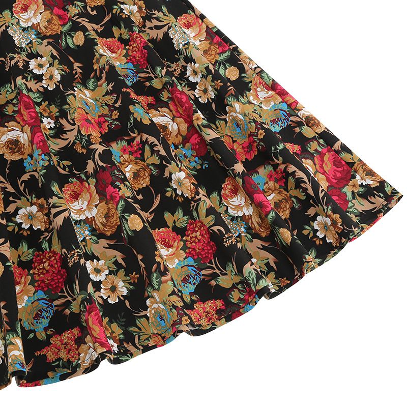 Women Vintage Floral Print A Line Midi Skirt 1950s Circle Skirts Orange