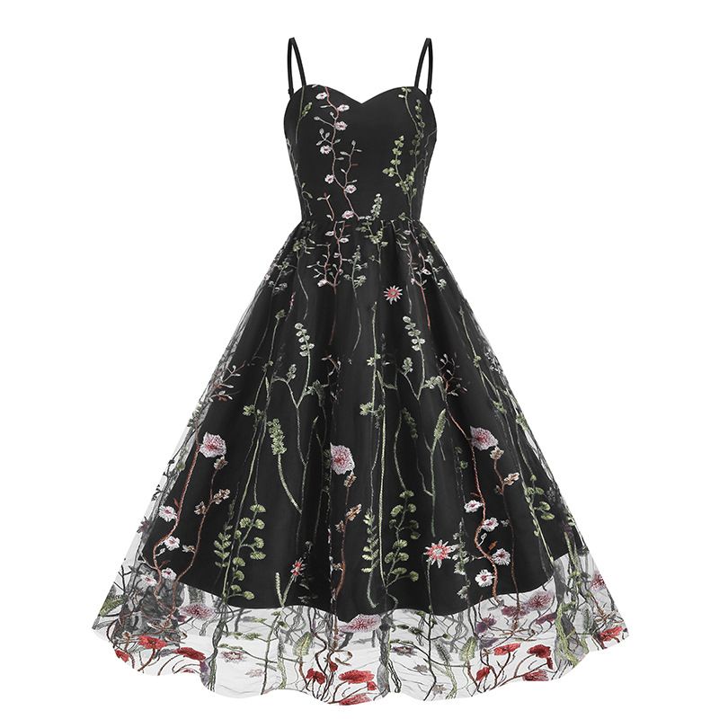 Women Vintage Mesh Floral Embroidery Wedding Evening Cocktail Party Swing Dress Black