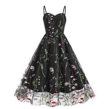 Women Vintage Mesh Floral Embroidery Wedding Evening Cocktail Party Swing Dress Black