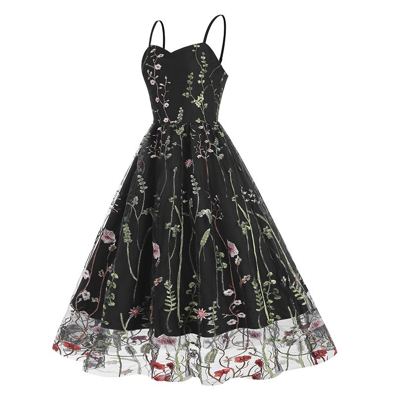Women Vintage Mesh Floral Embroidery Wedding Evening Cocktail Party Swing Dress Black