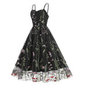 Women Vintage Mesh Floral Embroidery Wedding Evening Cocktail Party Swing Dress Black