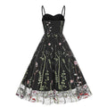 Women Vintage Mesh Floral Embroidery Wedding Evening Cocktail Party Swing Dress Black