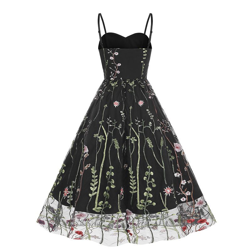 Women Vintage Mesh Floral Embroidery Wedding Evening Cocktail Party Swing Dress Black