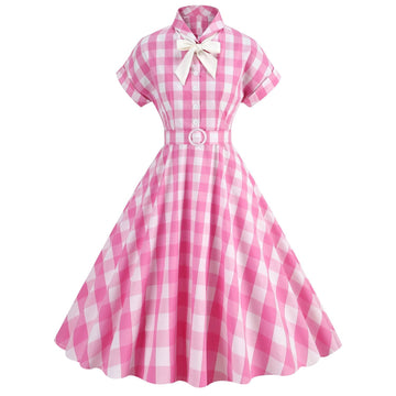 Women Vintage Pink Plaid Dress Buttons Down 50s Flared A-Line Swing Dress Pink