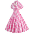 Women Vintage Pink Plaid Dress Buttons Down 50s Flared A-Line Swing Dress Pink