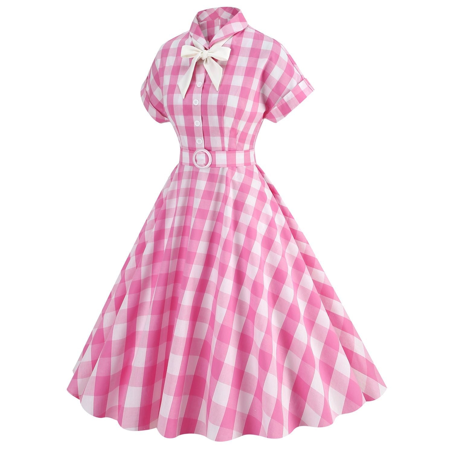 Women Vintage Pink Plaid Dress Buttons Down 50s Flared A-Line Swing Dress Pink