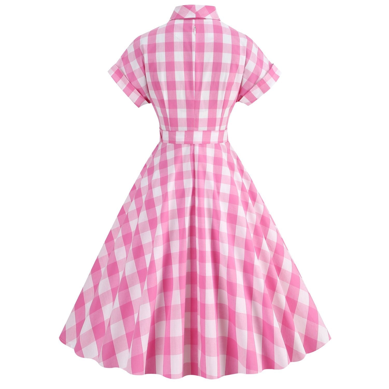 Women Vintage Pink Plaid Dress Buttons Down 50s Flared A-Line Swing Dress Pink