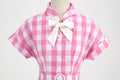 Women Vintage Pink Plaid Dress Buttons Down 50s Flared A-Line Swing Dress Pink