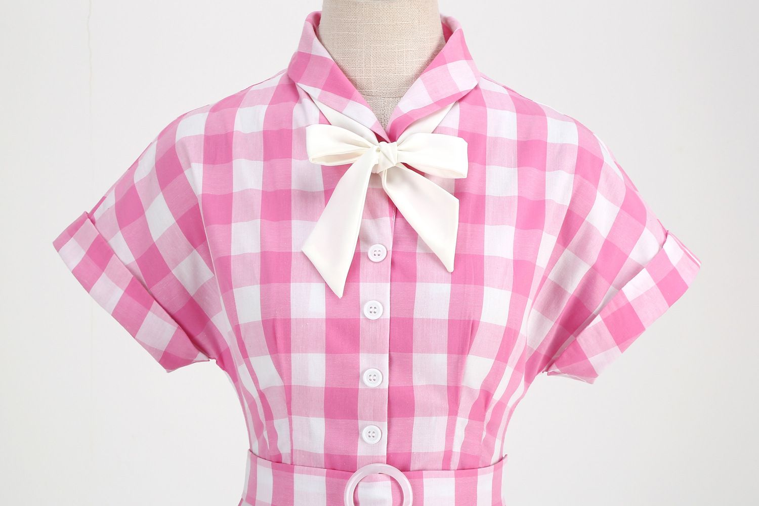 Women Vintage Pink Plaid Dress Buttons Down 50s Flared A-Line Swing Dress Pink