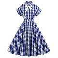Women Vintage Pink Plaid Dress Buttons Down 50s Flared A-Line Swing Dress Pink Blue