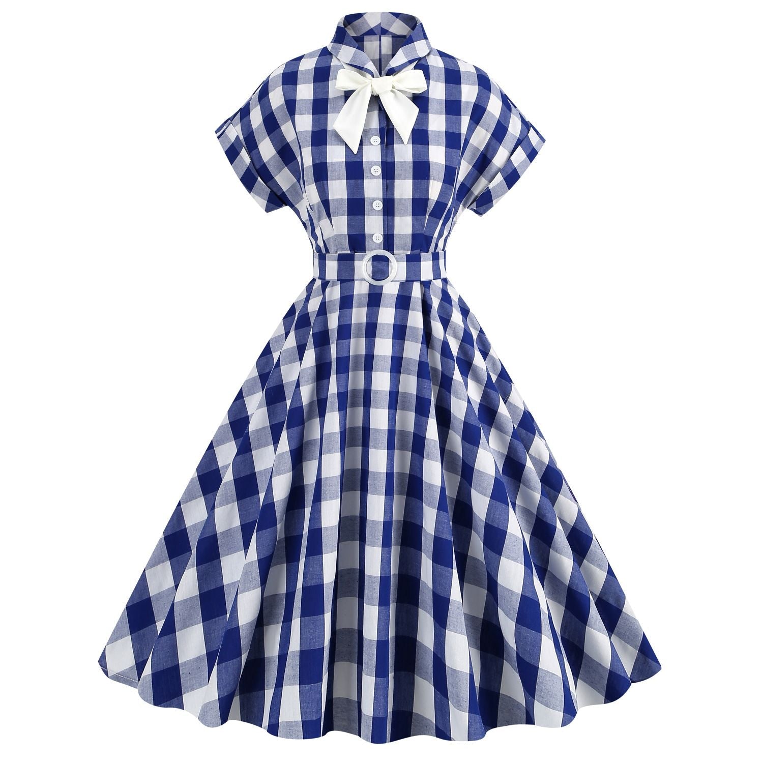 Women Vintage Pink Plaid Dress Buttons Down 50s Flared A-Line Swing Dress Pink Blue